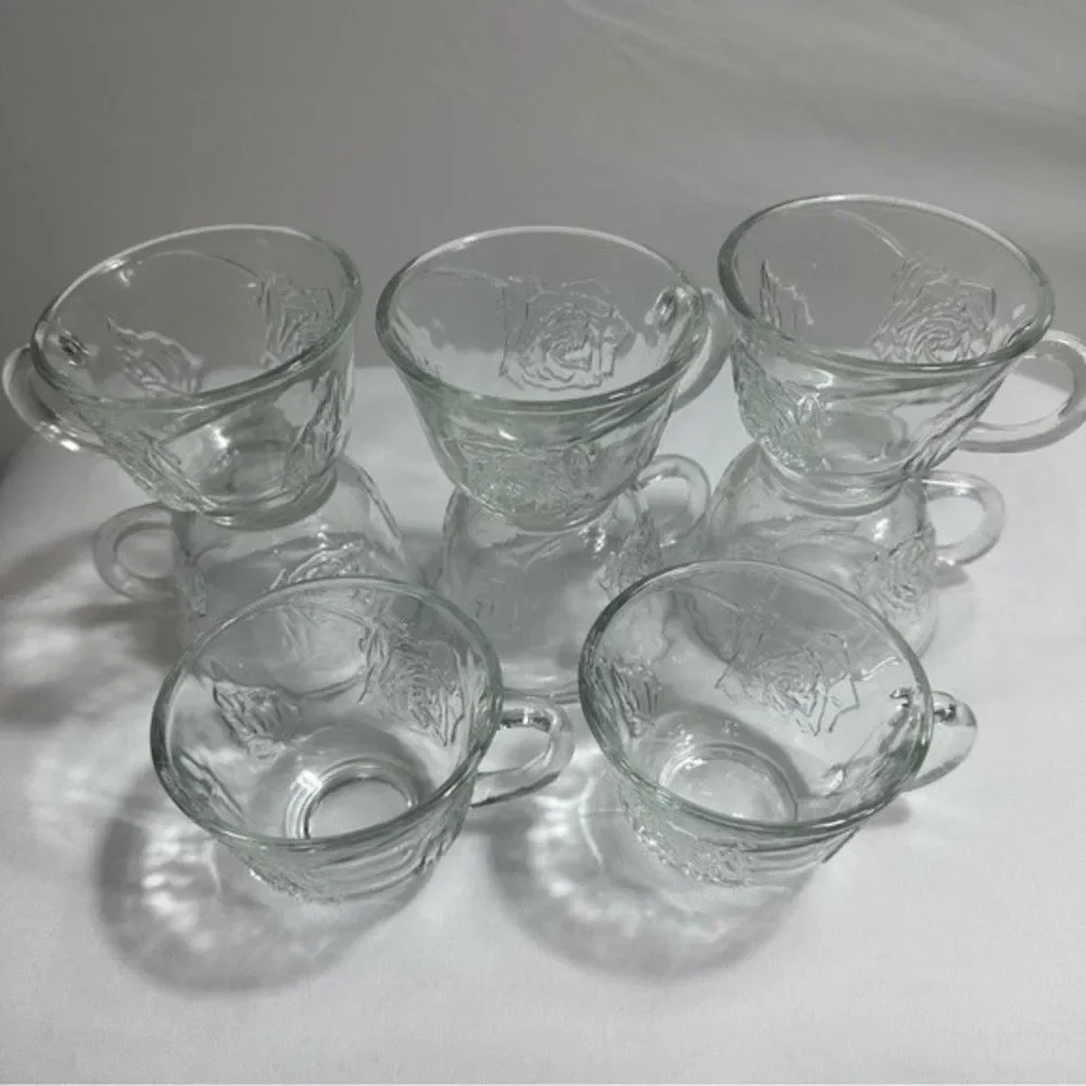 Punch Cups Vintage Clear Pressed Glass Rose Design Set of 8